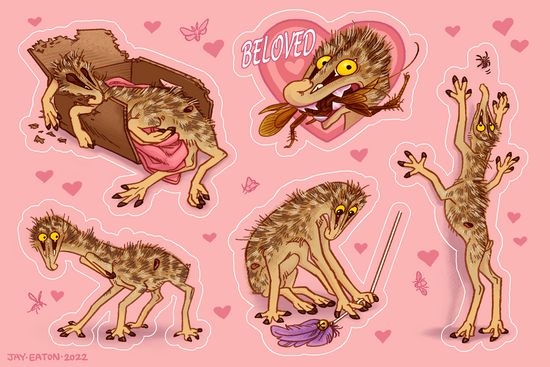 A sticker sheet of baby centaur alien Talita with pink hearts and bugs.