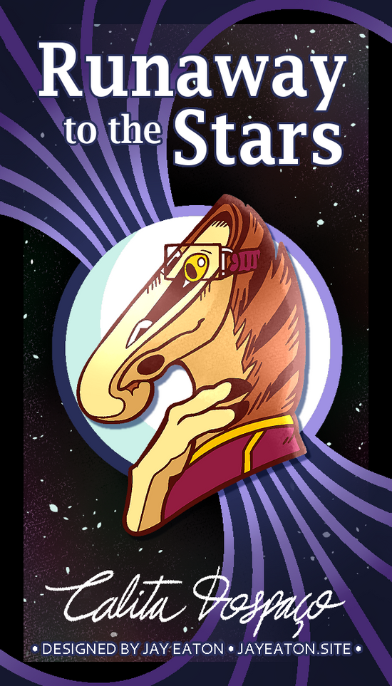 A soft enamel pin of Talita the centaur alien on a backing card featuring a magnetosphere, her signature, and the title Runaway to the Stars.
